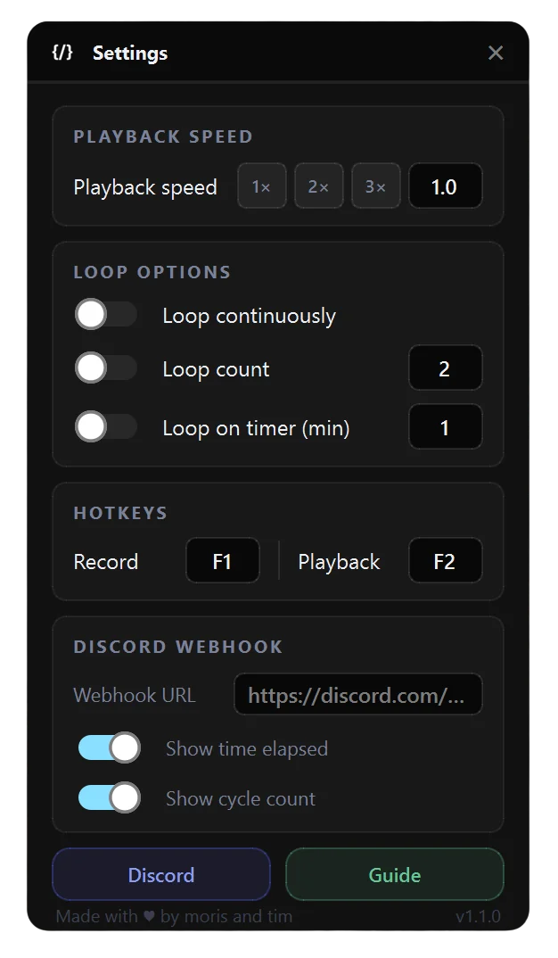 Einstellungsfenster von m³ mit Wiedergabegeschwindigkeit, Schleifenoptionen, Hotkeys für Aufnahme und Wiedergabe sowie Discord-Webhook